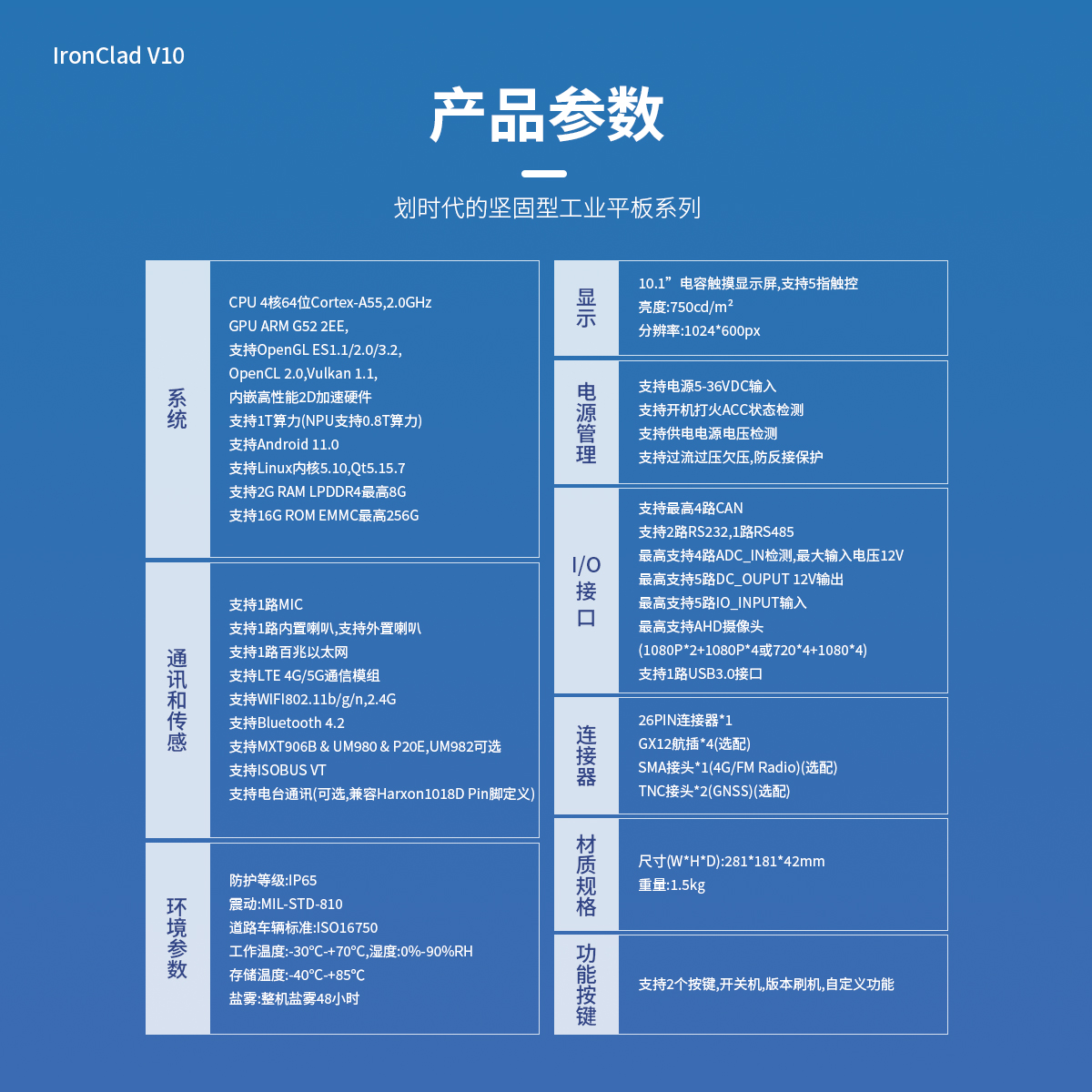 10.1寸 IronClad V10 車載平板產品參數(shù)